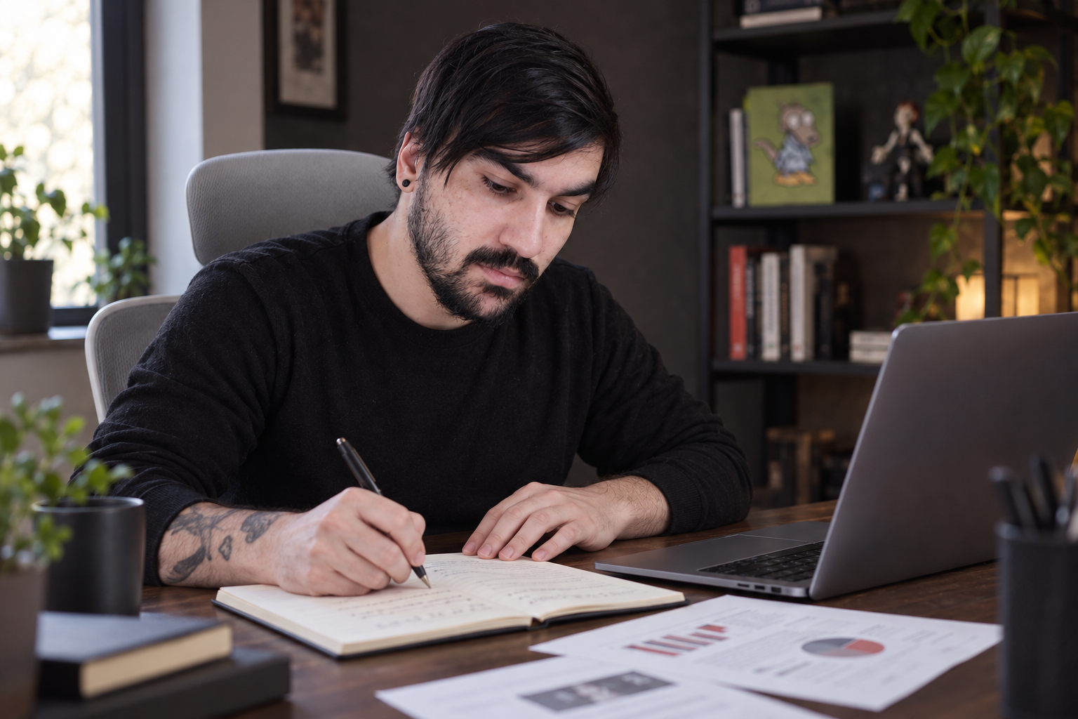 Escena editorial de tu mentor preparando un análisis junto a su computadora